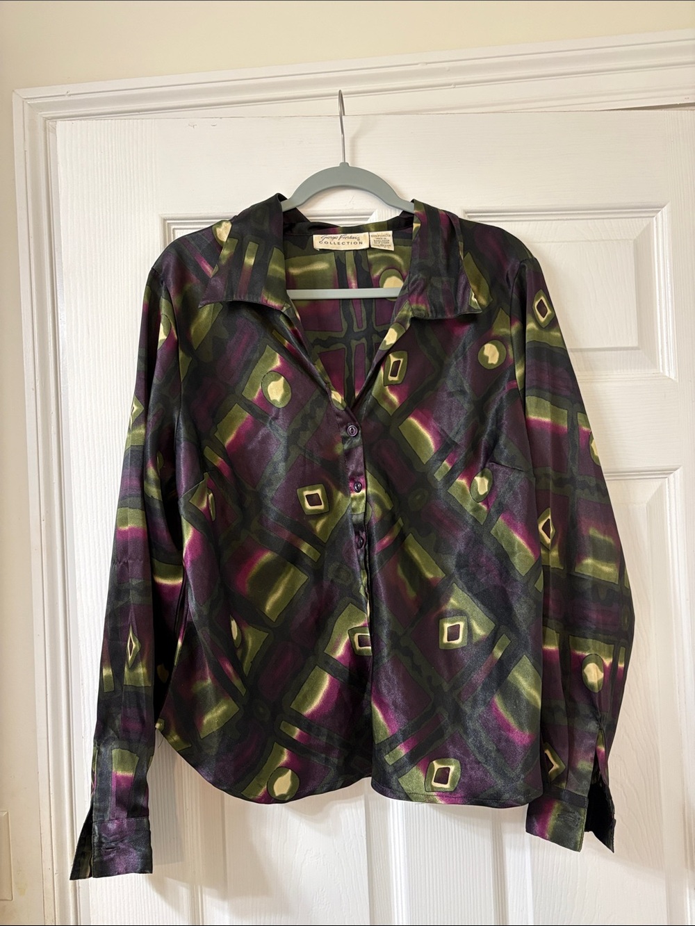 Silky Geometric Button-Down Blouse in Purple & Green